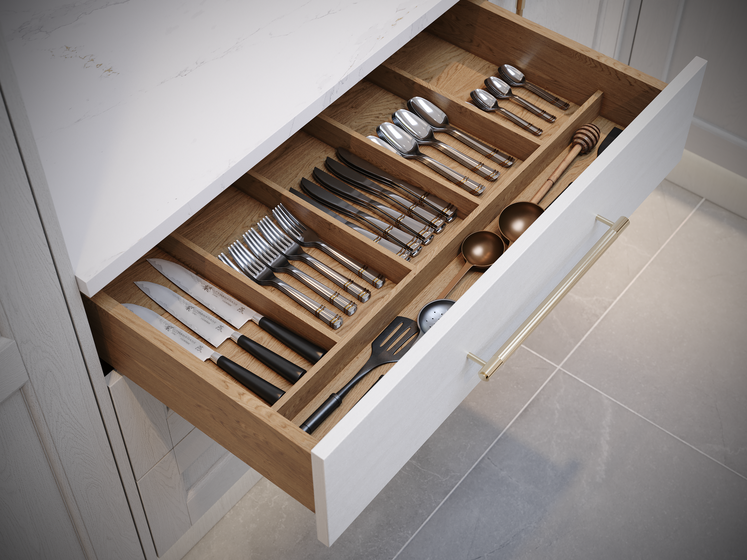 Oak Drawer Cutlery Tray pink painted kitchen